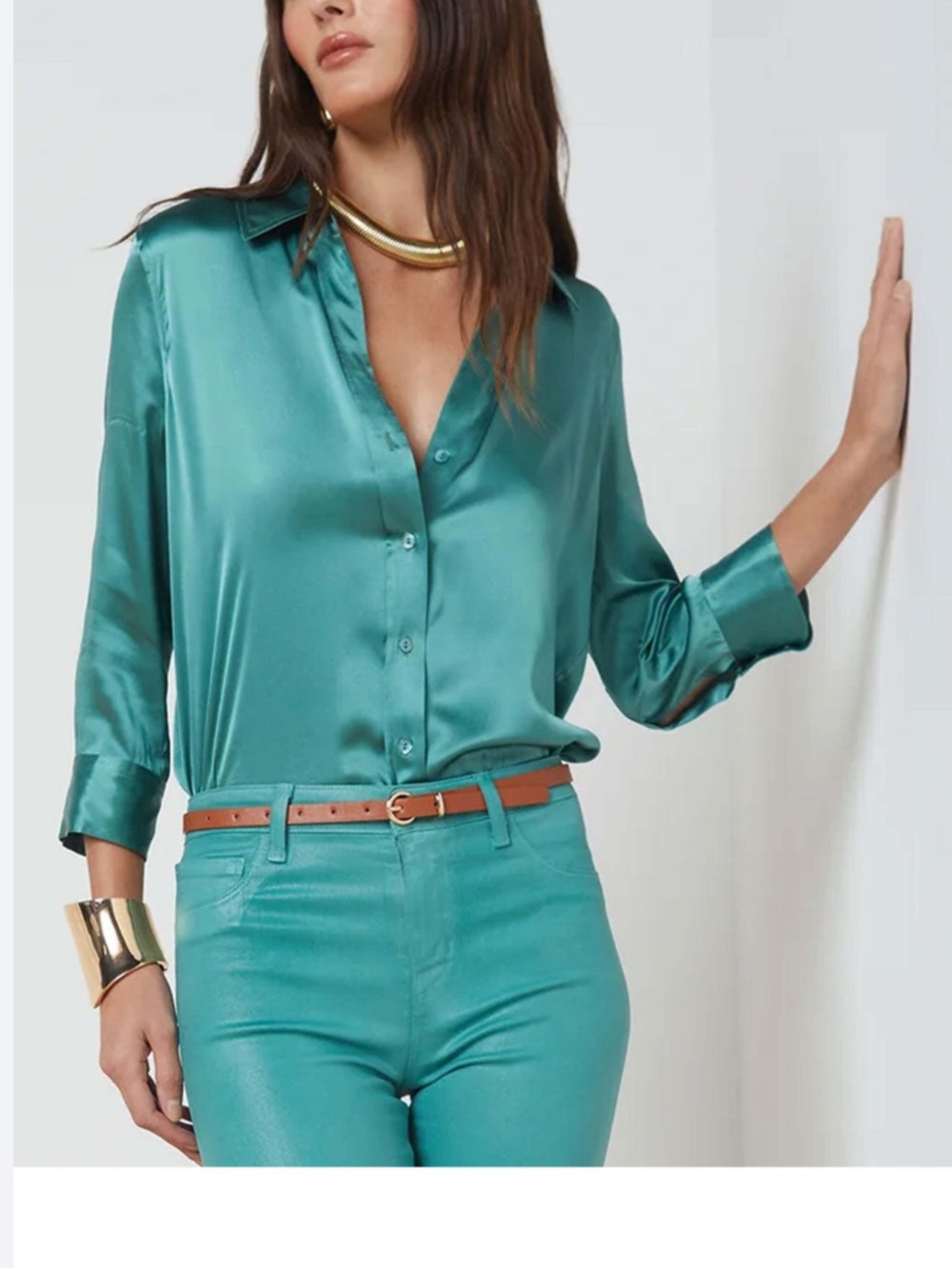 L'AGENCE Teal Silk Button-Front Blouse
